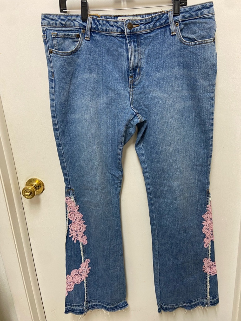Bisou Bisou Blue Denim Flare Jeans with Pink Lace Accents